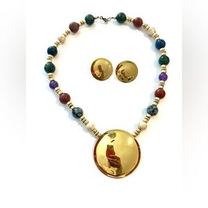 Vintage Carlton Ridge Sutton Hoo Gold and Multicolor Beaded Necklace Earring Set